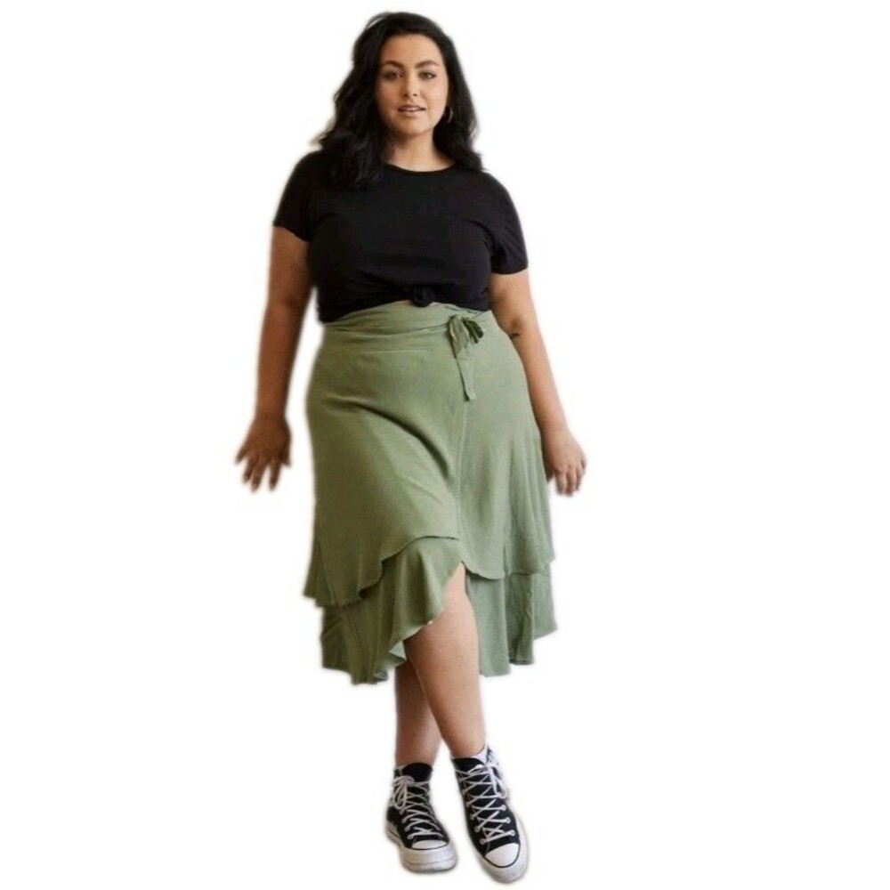 For Days Green Layered Ruffle Wrap Skirt Side Tie Boho Midi Skirt Size XL EUC